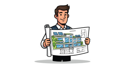 Architect Presenting Sustainable Building Design with Solar Panels and Greenery.