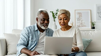 old african american couple sitting on sofa happily using laptop in living room. cozy home, technology, relaxation, online shopping, remote work. sales and discounts. senior activity, active lifestyle - Powered by Adobe