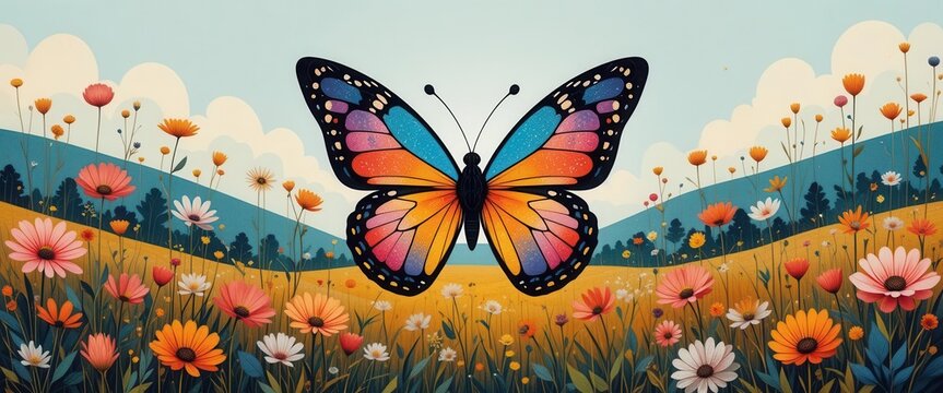 Modern Art Butterfly in a Stylized Floral Landscape