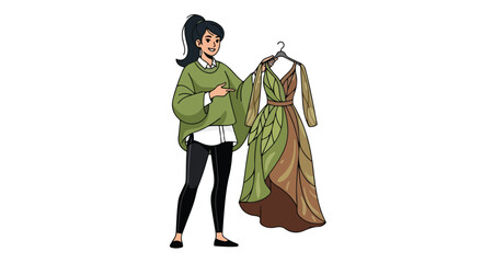 Woman holding green dress, fashion, style, clothing.