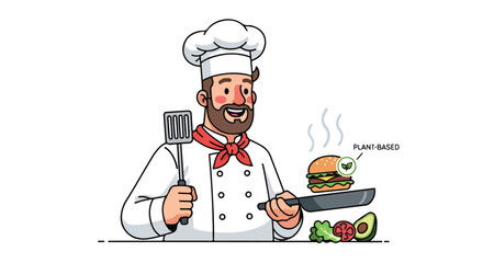 Chef preparing a burger in a pan, focused on food preparation.