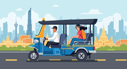 flat style Illustration of a tuk-tuk ride in the Bangkok city with driver and passenger, representing traditional transport, tourism, travel lifestyle, and urban mobility in Southeast Asia