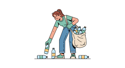 Woman Recycling Plastic Bottles, Environmental Conservation, Waste Management, Sustainable Living, Plastic Pollution, Recycling Effort.