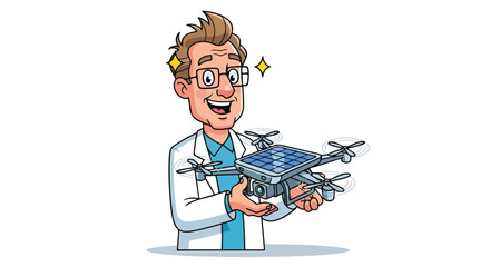 Happy scientist presenting solar drone technology.