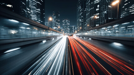 Vibrant cityscape with illuminated skyscrapers and moving traffic trails at night creating a dynamic, energetic atmosphere capturing urban life in full motion.