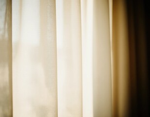 Obraz premium Soft beige curtains sway lightly as sunlight filters through them in a cozy room. The tranquil setting captures a peaceful afternoon atmosphere, inviting relaxation Generative AI