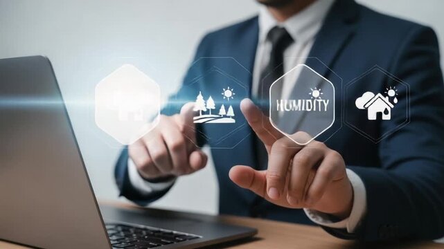 Man in suit touching humidity icon with laptop on desk showing weather interface elements on screen