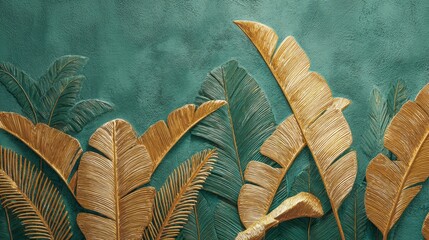 Abstract decorative mural featuring golden tropical leaves on a dark green textured background. © Haris