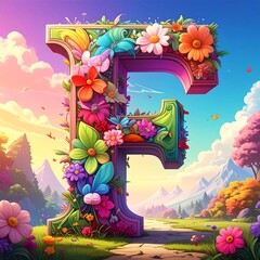 Colorful floral letter F on a landscape