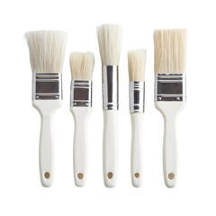 Five paintbrushes with white bristles and wooden handles, arranged vertically against a transparent background. background removed