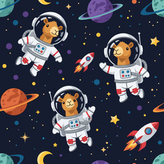 Cute astronaut camels explore outer space with planets and rockets Fun adventurous seamless pattern