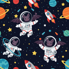 Cute bat astronauts explore space with rockets and planets Fun seamless pattern for kids design