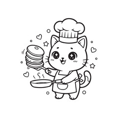 Cute Cat Chef Flipping a Stack of Pancakes