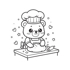 Cute Bear Chef Kneading Dough on a Table