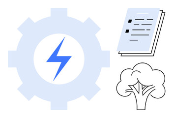 Obraz premium Gear with lightning bolt, document, and tree highlighting energy, eco-conscious work, innovation, sustainability. Ideal for renewable energy, technology, process optimization nature conservation