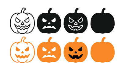 Halloween pumpkin faces spooky funny expressions black orange isolated. Pumpkin scary smile emotion