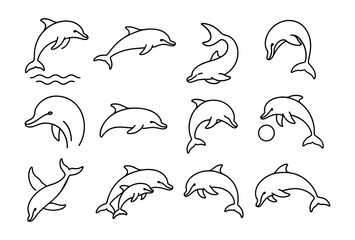 Naklejka premium Elegant dolphin sketch collection: minimalist line art of playful dolphins in various poses