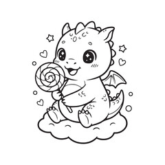 Cute Dragon on a Cloud Holding a Swirly Lollipop