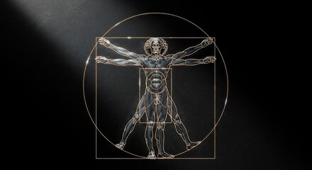 Vitruvian Man in dark metallic form with glowing golden geometry. Cosmic dust surrounds the ideal human figure in a radiant, universal balance of life.