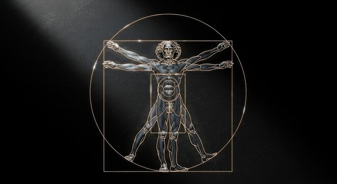 Vitruvian Man in dark metallic form with glowing golden geometry. Cosmic dust surrounds the ideal human figure in a radiant, universal balance of life.