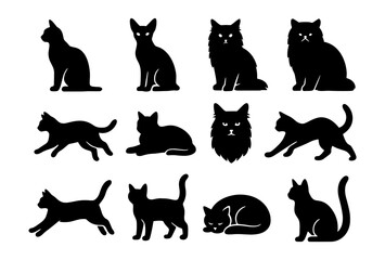 Naklejka premium Set of cat silhouettes in various poses featuring different breeds