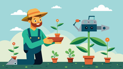 A farmer happily watches as a robotic seedling transplanter efficiently and accurately places each seedling into the soil with perfect precision.. Vector illustration