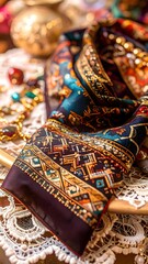Close-up of a patterned silk scarf, rich in jewel tones and intricate designs, resting on a lace-covered surface amongst decorative objects