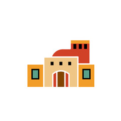 Stylized adobe building with arched entrance and red roof