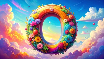 Colorful, floral letter O in a vibrant sky