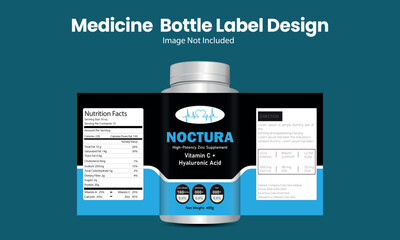 Modern medicine bottle label design featuring supplement with Vitamin C, zinc, and hyaluronic acid for branding and packaging presentation.