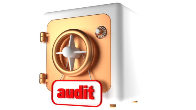 UI Icon. A bank safe with an "Audit" sign hanging on it. Image for a financial institution's website.