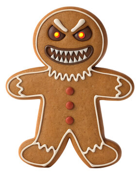 Evil Gingerbread Man PNG &ndash; Angry Creepy Cookie Character with Sharp Teeth on Transparent Background