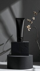 Matte black cosmetic tube on dark stone podiums,  with minimalist  floral accents