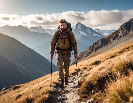 Man hiking in mountains at sunrise - Powered by Adobe