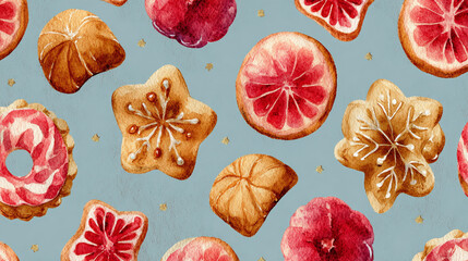 The image presents an artistic arrangement of various baked goods and fruit slices against a textured background. Scattered gold star shapes are dispersed throughout the frame