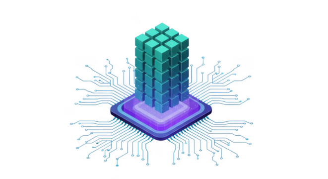 Abstract digital data server with glowing purple base and circuit board connections, isolated on transparent background