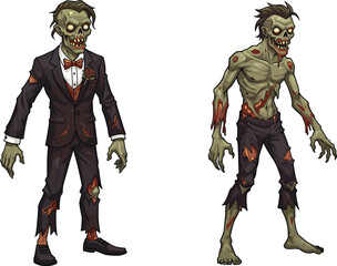 Cartoon tuxedo zombie and shirtless decayed zombie illustration, creepy undead artwork, scary horror design, spooky Halloween drawing, eerie monster concept