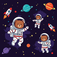 Cute cartoon bear astronauts exploring a starry galaxy with rockets and colorful planets