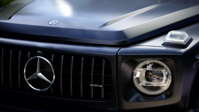Mercedes Benz G Class front grille and headlight closeup, editorial use only
