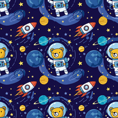 Cute cartoon seamless pattern of teddy bear astronauts rockets planets and stars in space