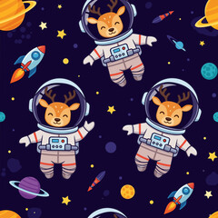 Cute cartoon deer astronauts exploring space with planets and rockets Fun childrens adventure concept