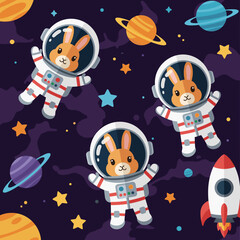 Adorable astronaut bunnies explore space amidst planets and stars with a rocket Perfect for kids themes