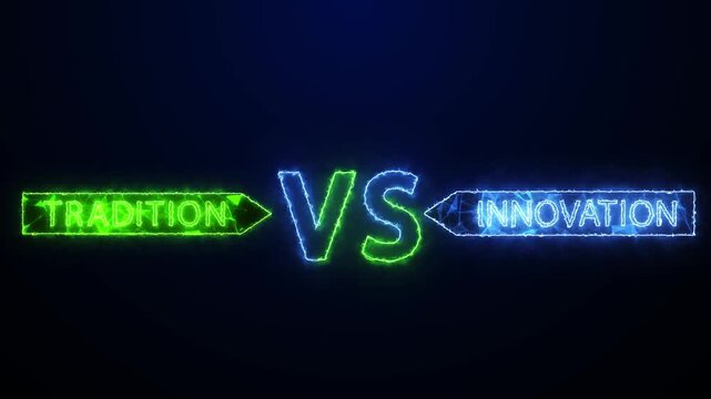 Tradition Vs Innovation Glowing Neon Arrows Representing Modern Dilemmas, Business Evolution, And The Clash Between Established Practices And Future Progress.tradition Vs. Innovation Glowing Neon