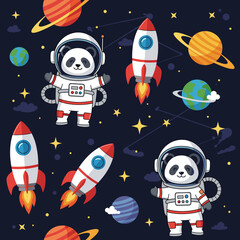 Cute pandas in astronaut suits explore outer space with rockets planets and stars Kids science adventure