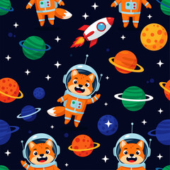 Cute fox astronaut and planets in space Whimsical pattern for kids design or educational content