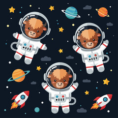 Cute cartoon yaks in astronaut suits explore space with planets stars and rockets Kids adventure