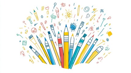 Colorful art supplies radiate outward from a central cluster of pencils and brushes