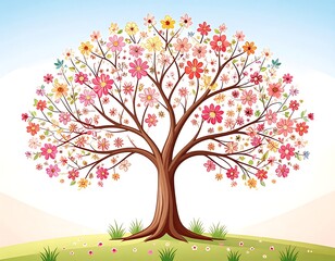 Colorful floral tree on a hill