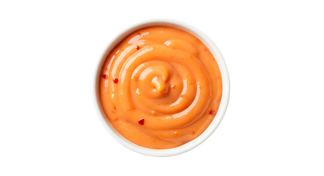 Creamy Orange Dipping Sauce in White Ramekin Top View