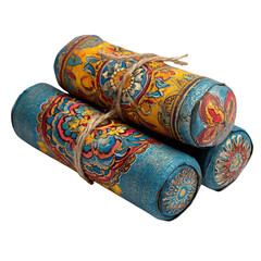Three intricately painted cylindrical objects tied together with twine, showcasing vibrant floral patterns and antique aesthetic. background removed